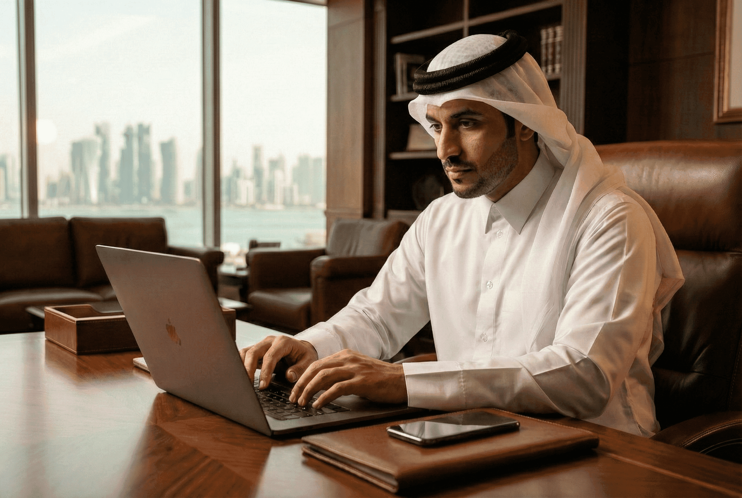 Executive working in a private office with Doha skyline view